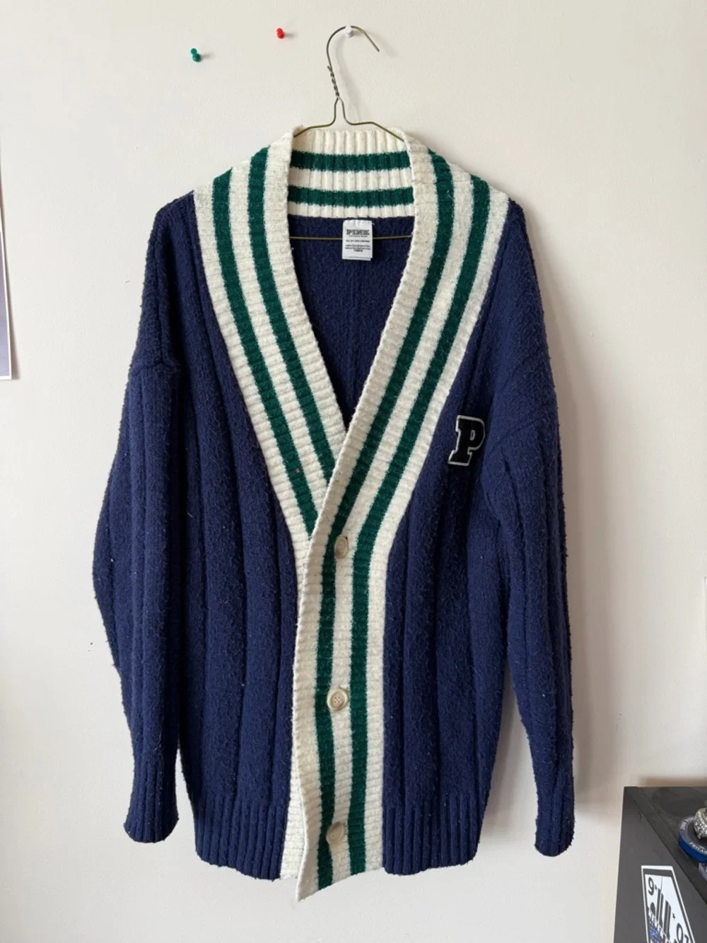 PINK Victoria's Secret Navy Shawl-Collar Cardigan with Cream & Green Stripes - Picture 1 of 5